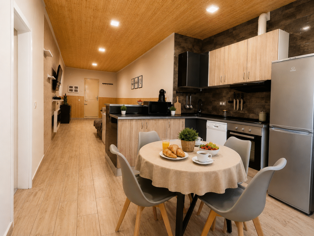 Cocina comedor de La Casita Gergaleña con mesa y desayuno en Gérgal, Almería